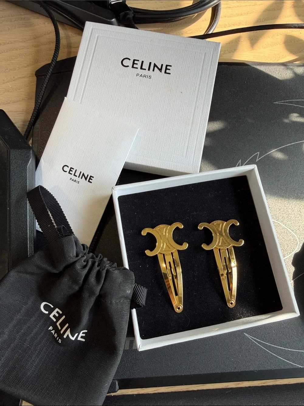 Celine Gold Triomphe Logo Hair Clips - Set of 2